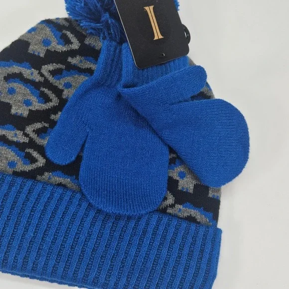 Igloos Youth Boy Toddler Dinosaur Knit Beanie Hat and Mittens Set Blue Size 2-4T - Picture 11 of 11